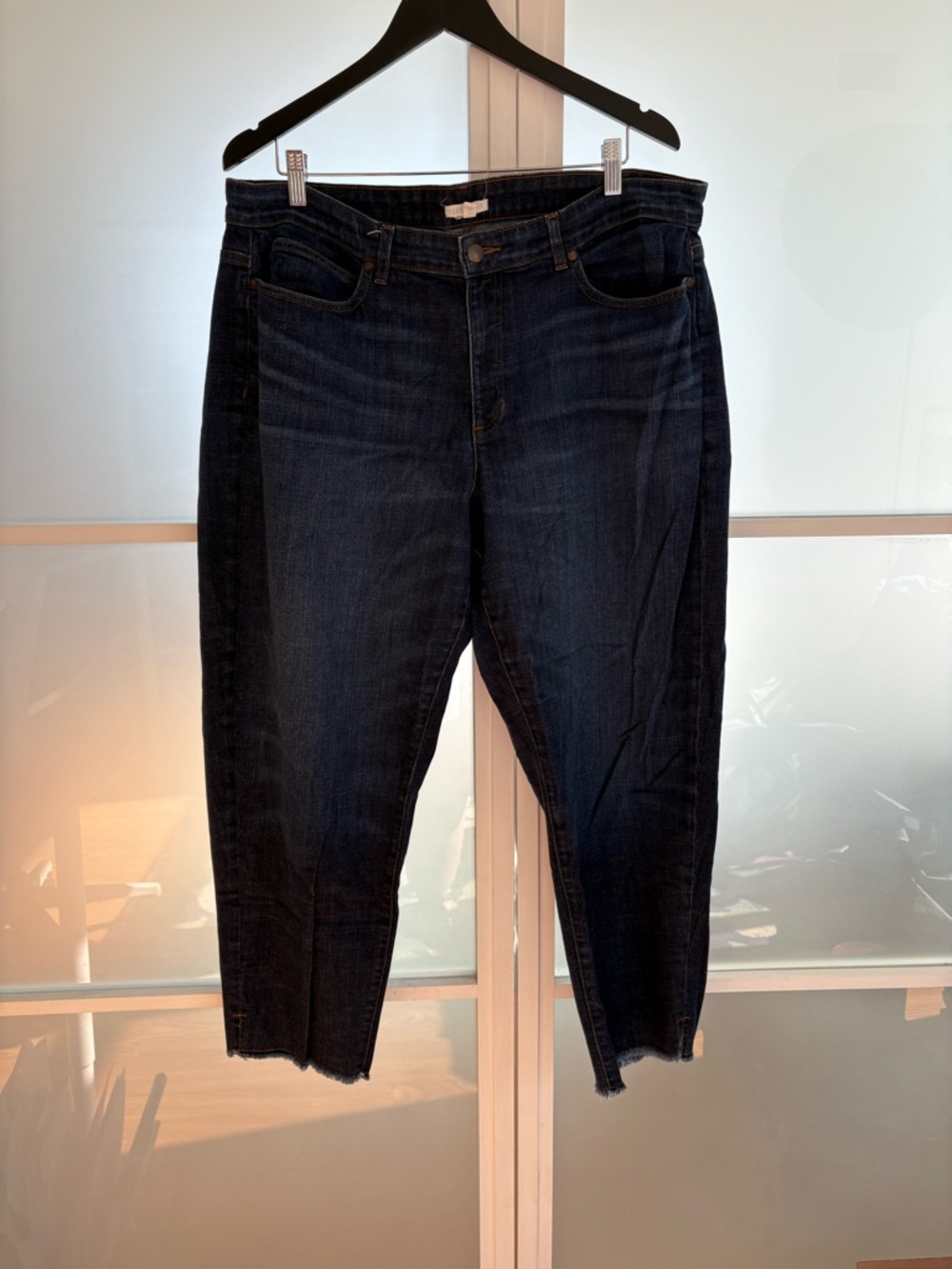 Eileen Fisher Dark wash cropped jeans with raw him